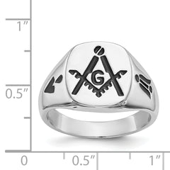 14k White Gold Men's Polished and Grooved with Black Enamel Masonic Ring