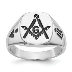14k White Gold Men's Polished and Grooved with Black Enamel Masonic Ring