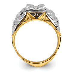 14k Two-tone Men's Polished and Textured with Black Enamel and A Quality Diamond Masonic Ring