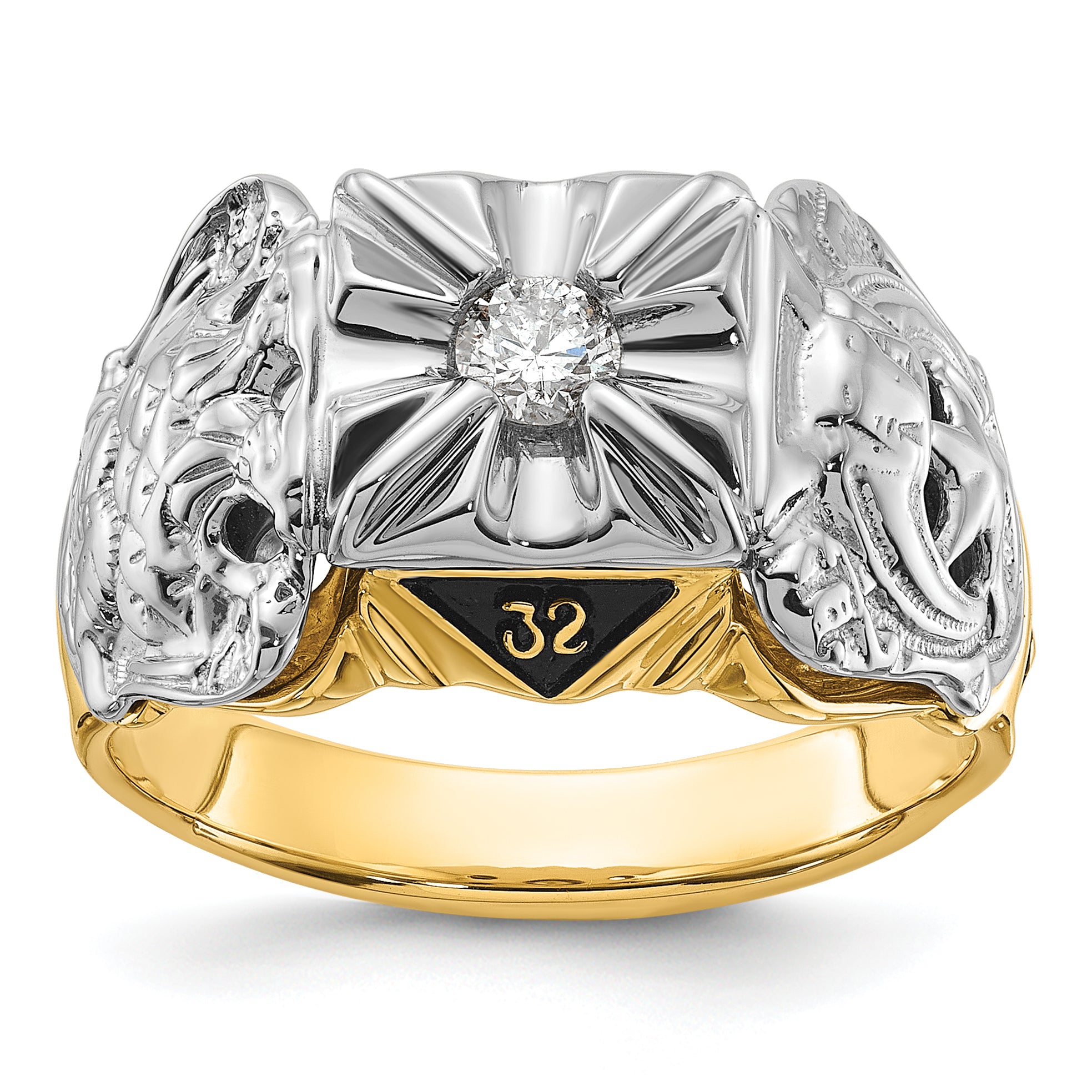 14k Two-tone Men's Polished and Textured with Black Enamel and AA Quality Diamond Masonic Ring