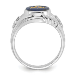 14k White Gold Men's Polished and Textured with Imitation Blue Spinel Masonic Ring