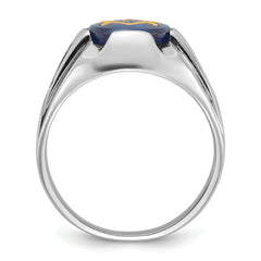 14k White Gold Men's Polished, Antiqued and Grooved with Imitation Blue Spinel Masonic Ring
