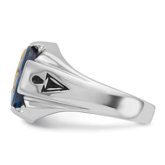 14k White Gold Men's Polished, Antiqued and Grooved with Imitation Blue Spinel Masonic Ring