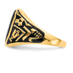 14k Men's Polished and Textured with Black Enamel and Oval Onyx Masonic Ring