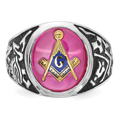 14k White Gold Men's Polished, Antiqued and Textured with Lab Created Ruby Masonic Ring