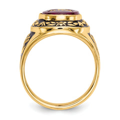 14k Men's Polished, Antiqued and Textured with Lab Created Ruby Masonic Ring