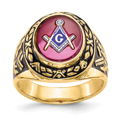 14k Men's Polished, Antiqued and Textured with Lab Created Ruby Masonic Ring