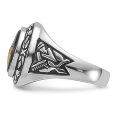 14k White Gold Men's Polished, Antiqued and Textured with Oval Onyx Masonic Ring