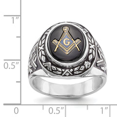 14k White Gold Men's Polished, Antiqued and Textured with Oval Onyx Masonic Ring