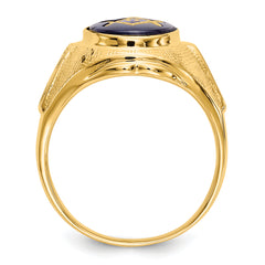 14k Men's Polished, Antiqued and Textured with Synthetic Blue Spinel Masonic Ring