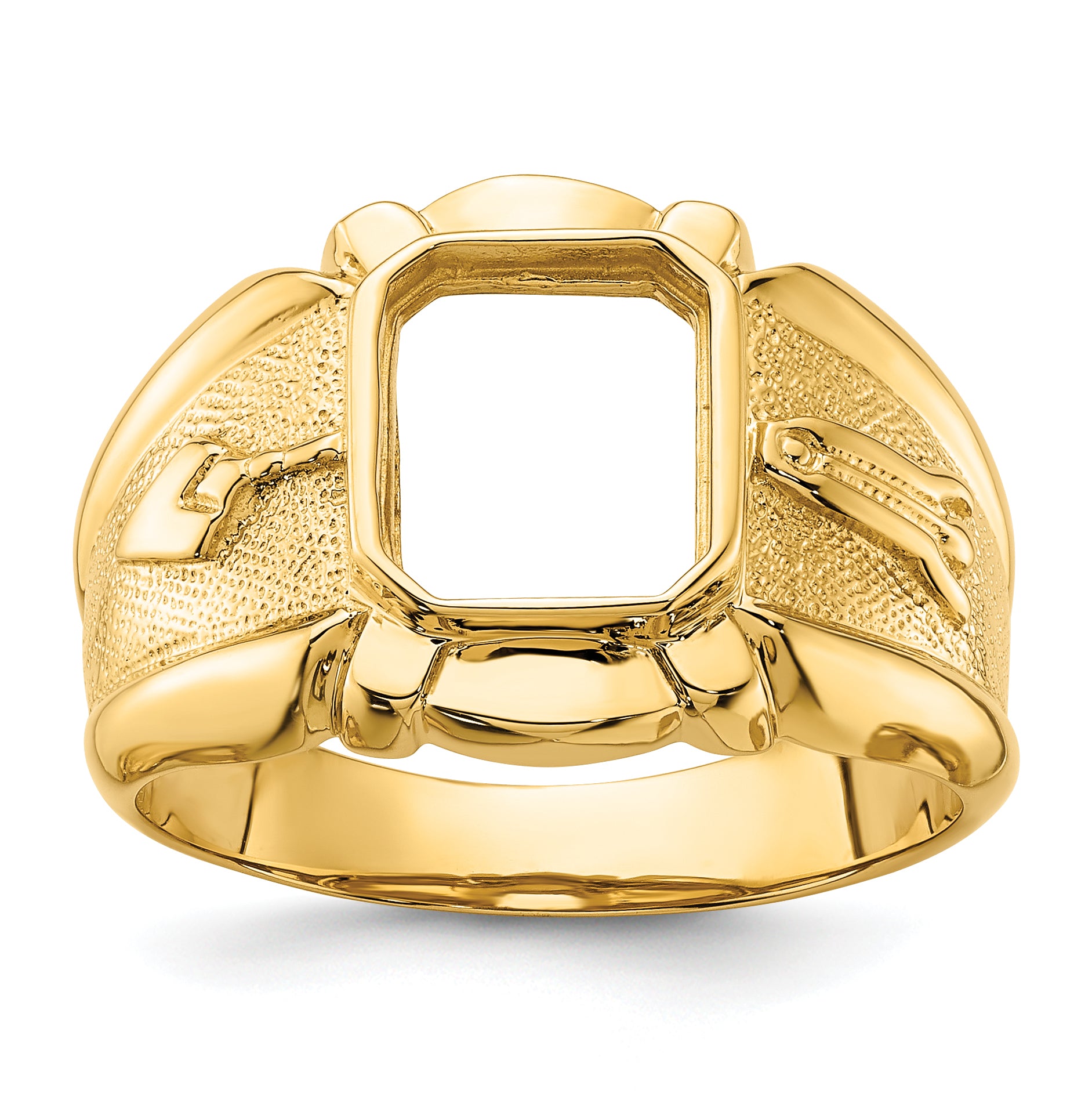 14k Men's Polished and Textured Masonic Ring Mounting (No Stone Included)