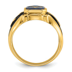 14k Men's Polished, Antiqued and Textured with Imitation Blue Spinel Masonic Ring