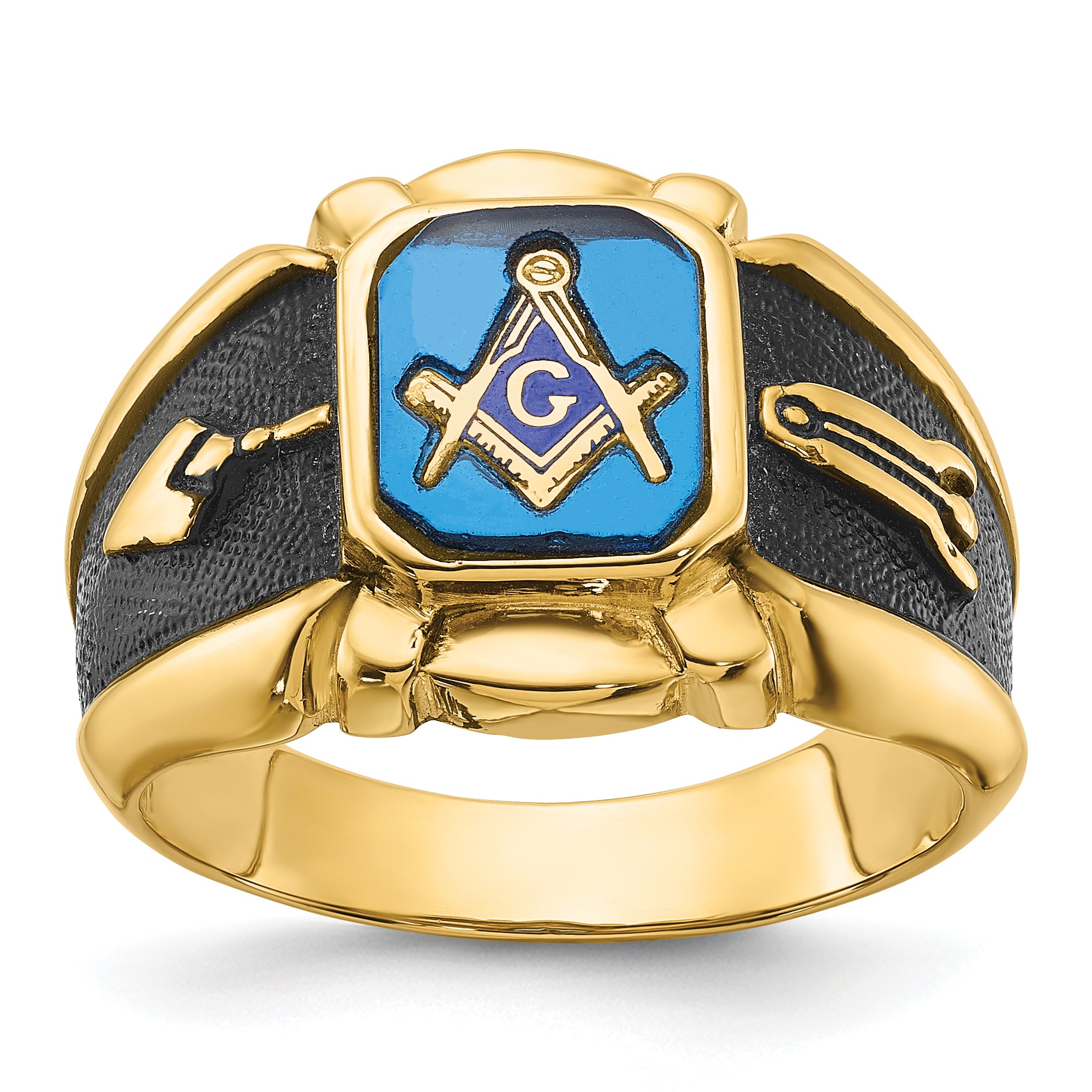 14k Men's Polished, Antiqued and Textured with Imitation Blue Spinel Masonic Ring