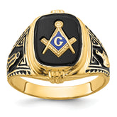 14k Men's Polished, Antiqued and Textured with Onyx Masonic Ring