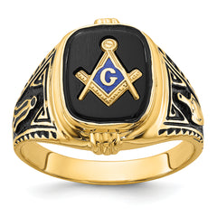14k Men's Polished, Antiqued and Textured with Onyx Masonic Ring