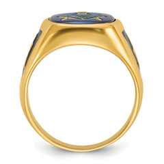 14k Men's Polished and Textured with Black Enamel and Imitation Blue Spinel Masonic Ring