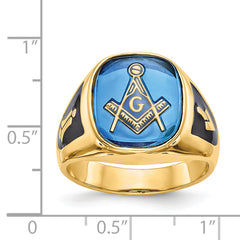 14k Men's Polished and Textured with Black Enamel and Imitation Blue Spinel Masonic Ring