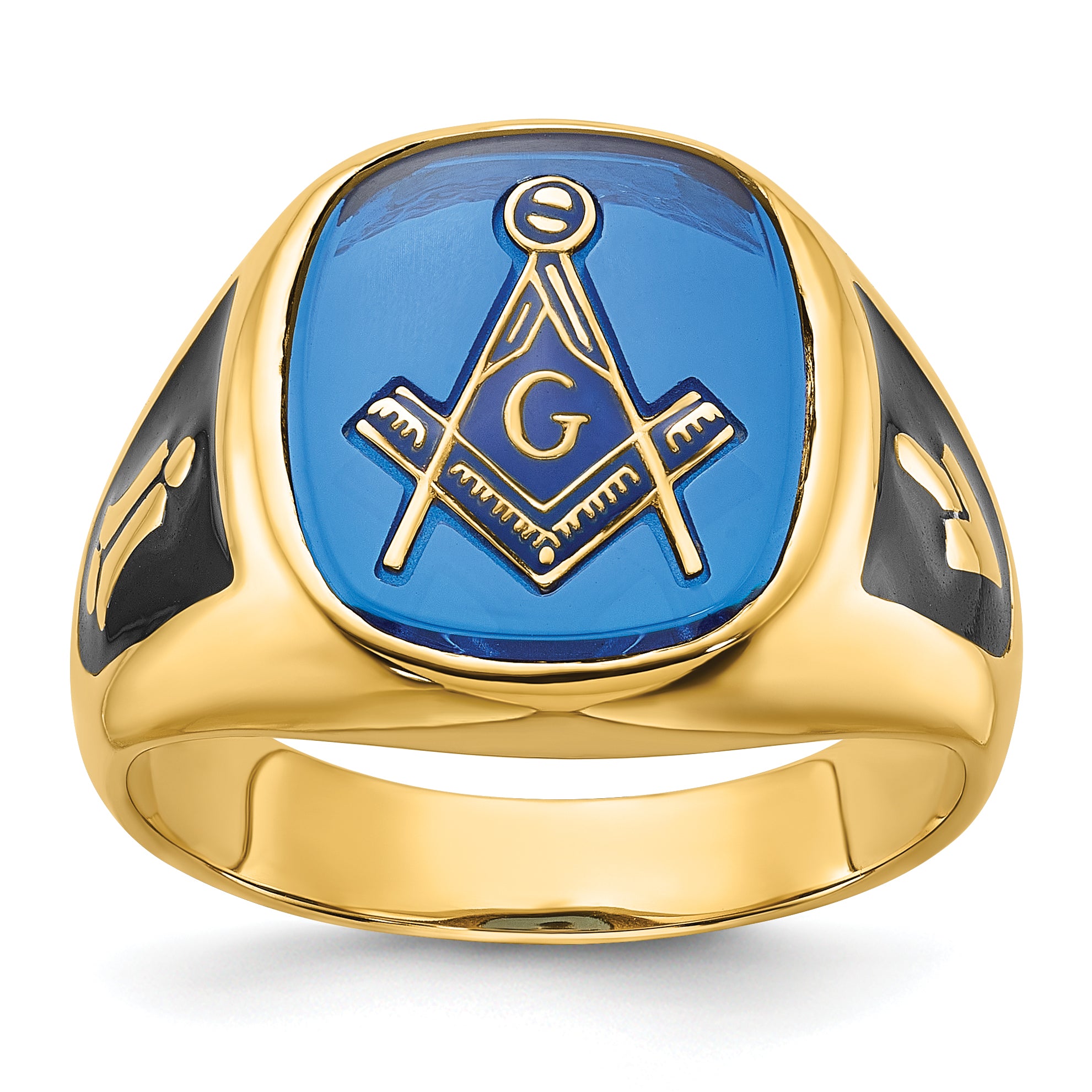 14k Men's Polished and Textured with Black Enamel and Imitation Blue Spinel Masonic Ring