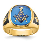 14k Men's Polished and Textured with Black Enamel and Imitation Blue Spinel Masonic Ring