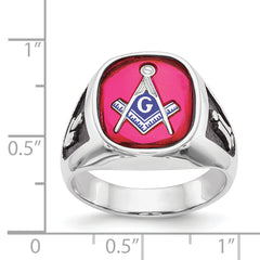 14k White Gold Men's Polished and Textured with Black Enamel and Lab Created Ruby Masonic Ring