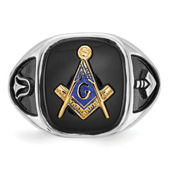 14k White Gold and Gold-plated Polished and Textured with Black Enamel and Onyx Masonic Ring