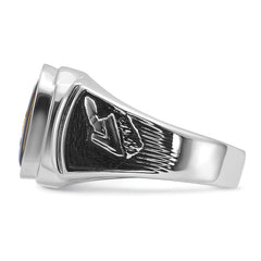 14k White Gold Polished and Textured with Black Enamel and Imitation Blue Spinel Masonic Ring