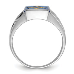 14k White Gold Men's Polished and Textured with Black Enamel and Imitation Blue Spinel Masonic Ring