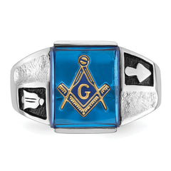 14k White Gold Men's Polished and Textured with Black Enamel and Imitation Blue Spinel Masonic Ring