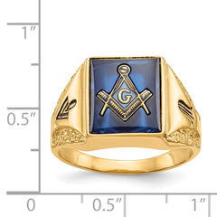 14k Men's Polished, Antiqued and Textured with Imitation Blue Spinel Masonic Ring