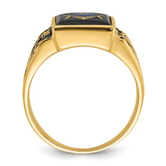 14k Men's Polished and Textured with Black Enamel and Onyx Masonic Ring