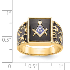 14k Men's Polished and Textured with Black Enamel and Onyx Masonic Ring