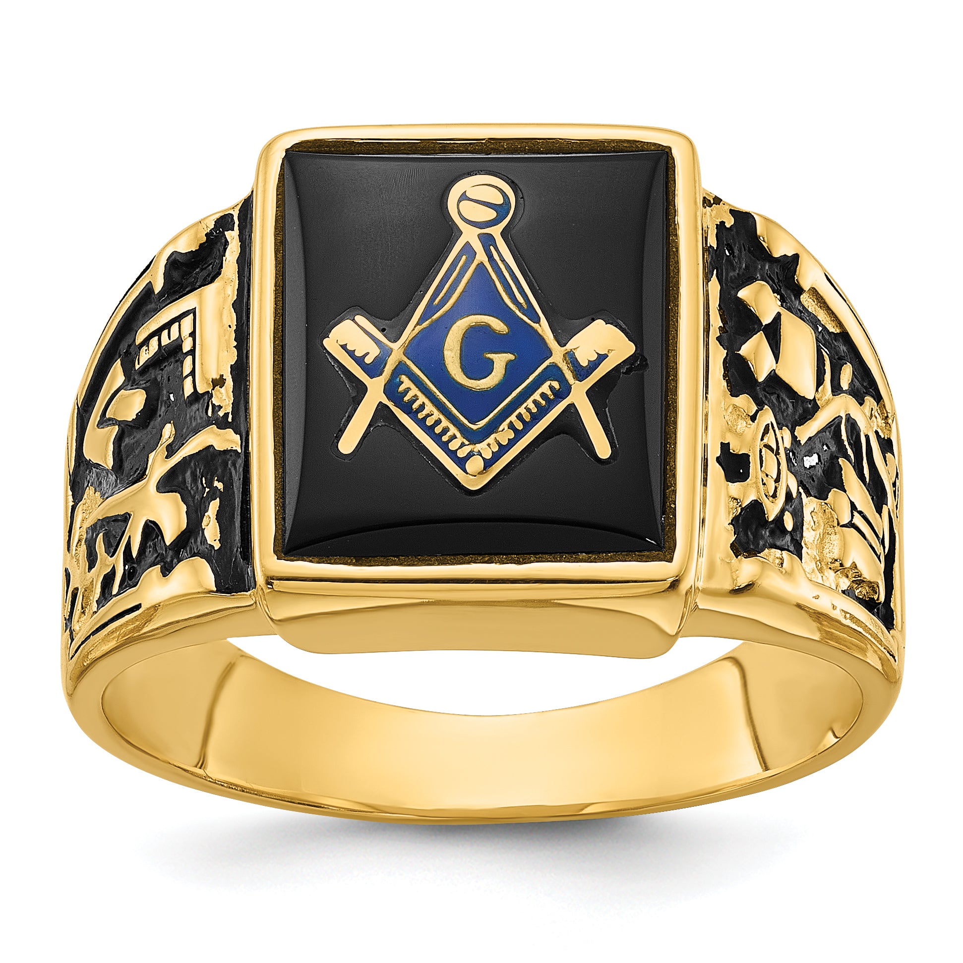 14k Men's Polished and Textured with Black Enamel and Onyx Masonic Ring
