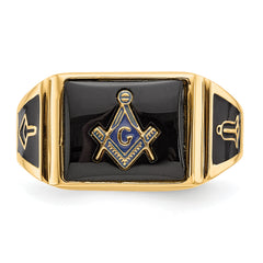 14k Men's Polished and Textured with Black Enamel and Onyx Masonic Ring