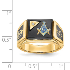 14k Men's Polished and Textured with Black Enamel, Onyx and AA Quality Diamond Masonic Ring
