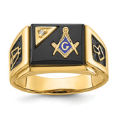 14k Men's Polished and Textured with Black Enamel, Onyx and AA Quality Diamond Masonic Ring