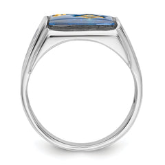 14k White Gold Men's Polished and Textured with Black Enamel, Diamond and Imitation Blue Spinel Masonic Ring