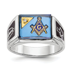 14k White Gold Men's Polished and Textured with Black Enamel, Diamond and Imitation Blue Spinel Masonic Ring