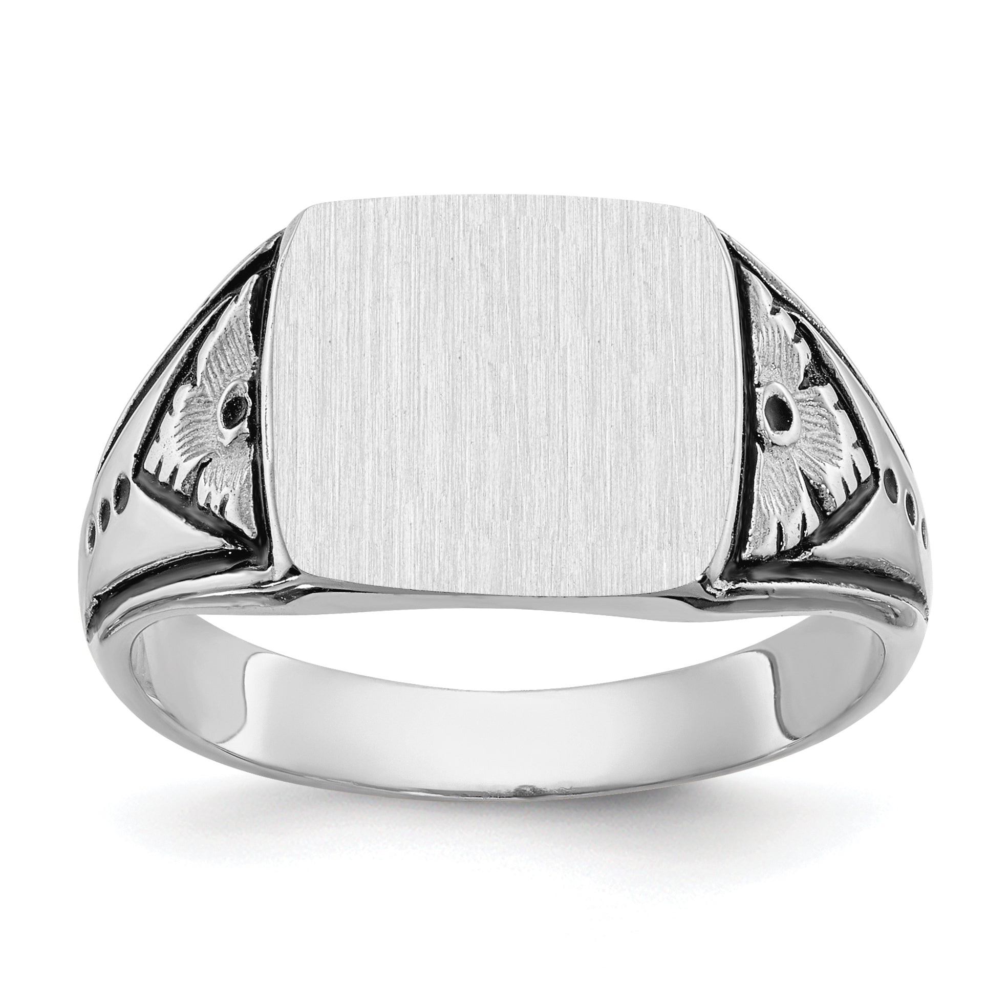 14k White Gold 11.5x11.0mm Closed Back Antiqued Mens Signet Ring