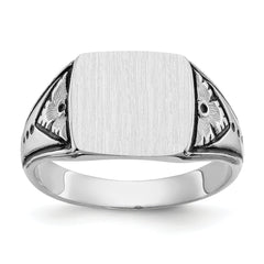 14k White Gold 11.5x11.0mm Closed Back Antiqued Mens Signet Ring