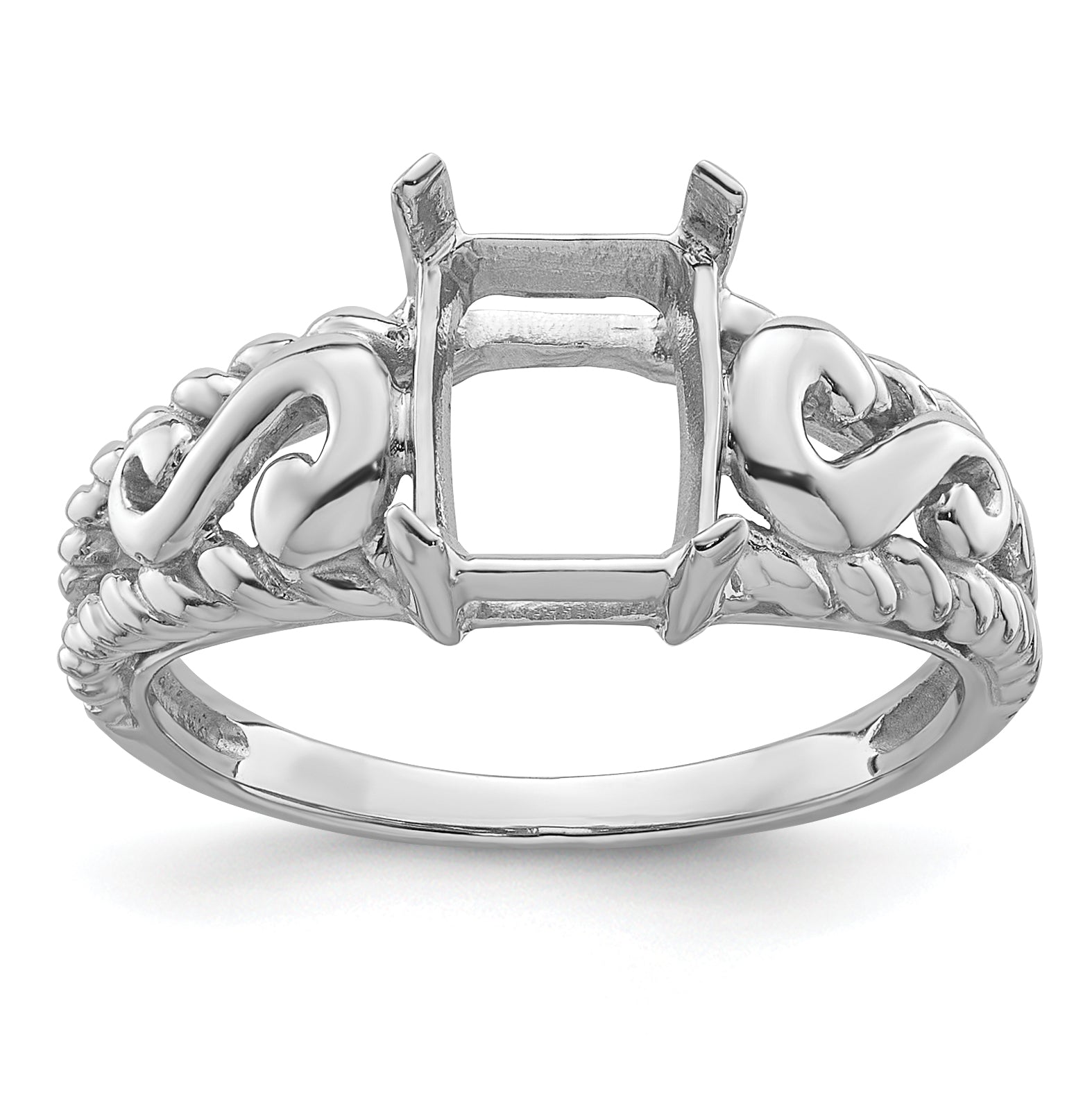 14k White Gold 8x6mm Emerald-cut Gemstone Ring Mounting (No Stone Included)