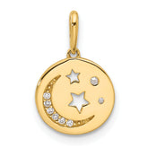 14k Polished CZ Moon and Stars in Disc Pendant