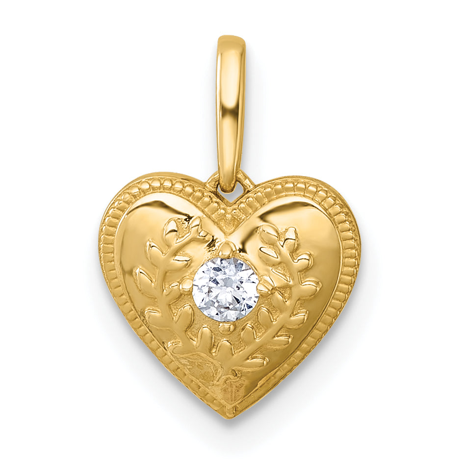 14k Polished and Textured CZ Floral Heart Charm / Pendant
