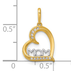 14k and Rhodium Polished White CZ Sideways Open Heart MOM Pendant