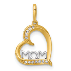 14k and Rhodium Polished White CZ Sideways Open Heart MOM Pendant