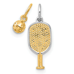 14k with White Rhodium Polished Pickleball Paddle and Ball 2-Piece Charm Pendant Set