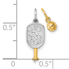 14k with White Rhodium Polished Pickleball Paddle and Ball 2-Piece Charm Pendant Set