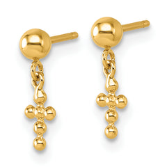 14K Polished Beaded Cross Dangle Post Earrings