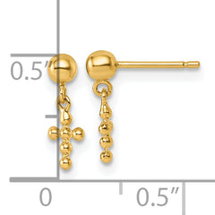 14K Polished Beaded Cross Dangle Post Earrings