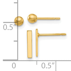 14K Polished 3mm Ball and Bar Earring Set