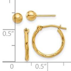 14K Polished 4mm Ball and Twisted Hoop Earring Set